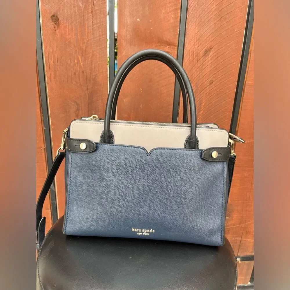 KATE SPADE Classic Medium Leather Satchel Bag Navy blue/blush